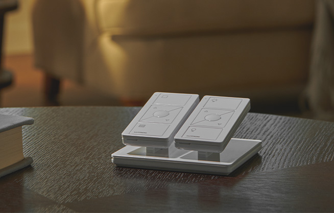 Pico smart remotes on double pedestal on coffee table