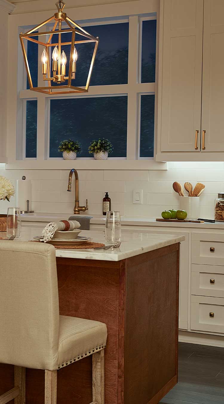 Kitchen illuminated by dimmed lighting