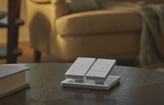 Pico smart remotes on double pedestal on coffee table