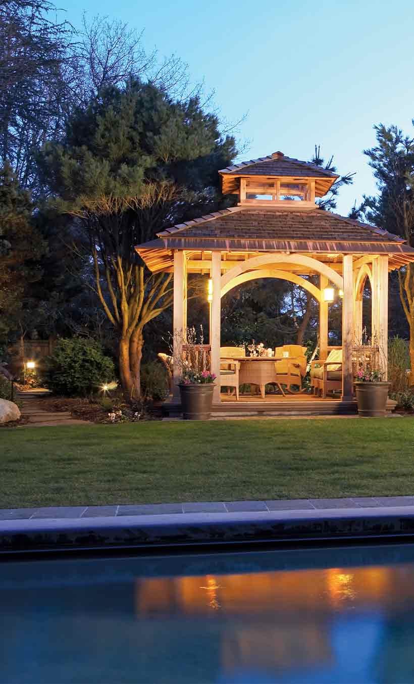 Well-lit patio with outdoor furniture in the evening